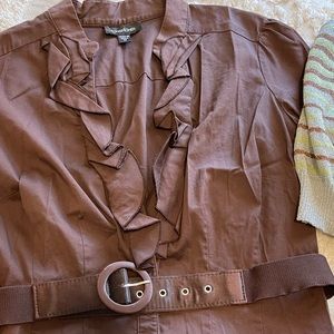 Brown Bebe blouse with belt and ruffle neckline